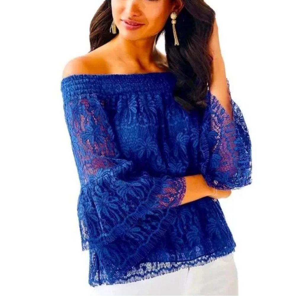 Lilly Pulitzer Top Womens Tobyn Lace Off-Shoulder Blue‎ Palm Tree Print Summer